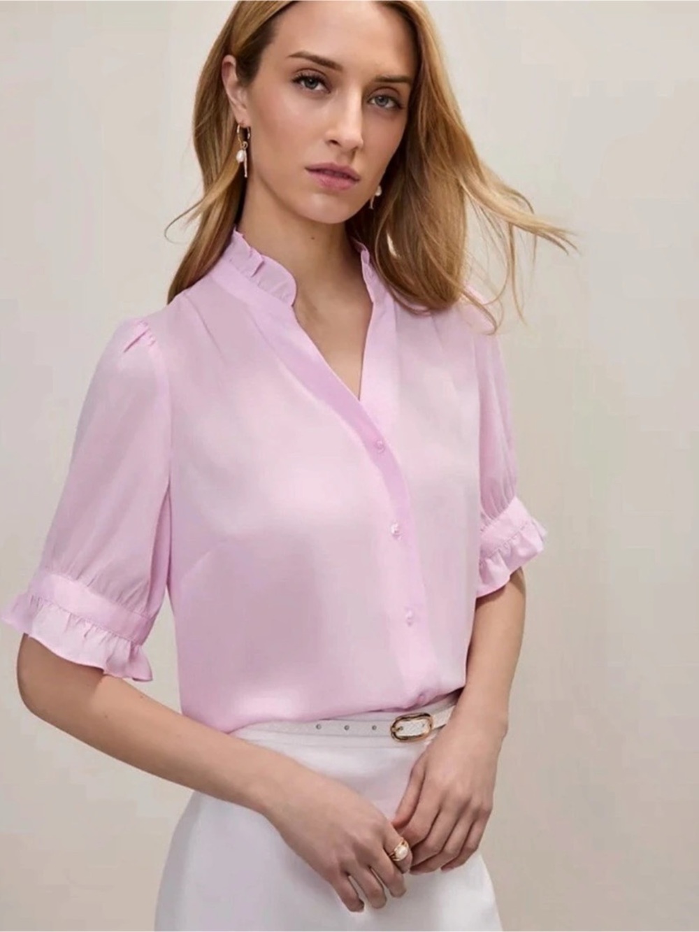 Ann Taylor Pink Ruffle Collar Blouse